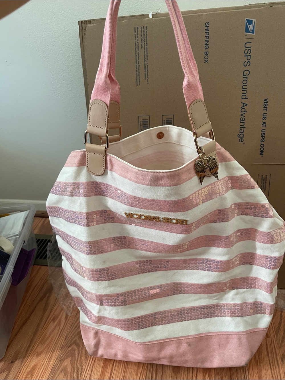 Victoria's Secret Pink and White Sequin Stripe Tote
